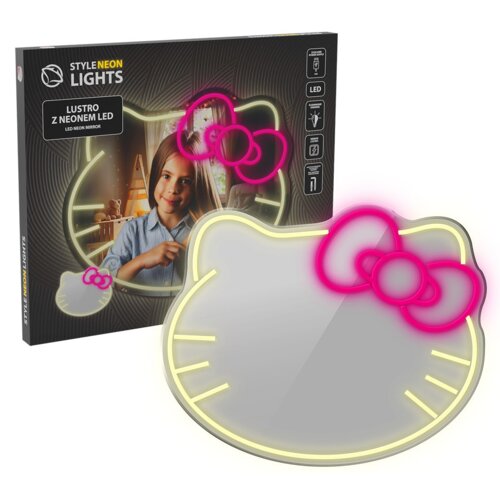 Opakowanie produktu z napisem "STYLE NEON LIGHTS" oraz "LUSTRO Z NEONEM LED" przedstawia lustro w kształcie głowy z kokardą, z neonowym obramowaniem. Lustro ma żółte i różowe elementy świetlne, a na opakowaniu widoczna jest fotografia dziecka.