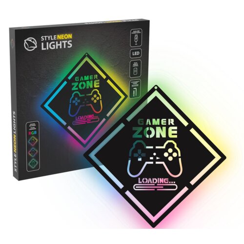 Opakowanie produktu z napisem "STYLE NEON LIGHTS" oraz logo, zawiera neonowy znak w kształcie rombu z napisem "GAMER ZONE" i grafiką kontrolera, poniżej którego znajduje się napis "LOADING...". Na opakowaniu widoczne są ikony z napisami "RGB", "LED" oraz "Pilot zdalnego sterowania".