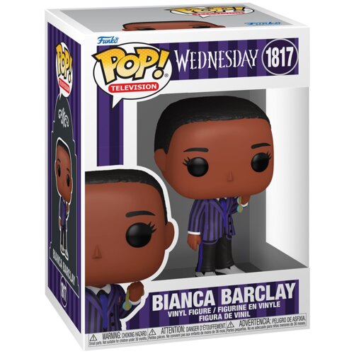 Pudełko z figurką winylową przedstawiającą postać z serii "Wednesday" o numerze 1817, z napisem "BIANCA BARCLAY" na dole. Na opakowaniu widnieje logo "POP! TELEVISION" oraz ostrzeżenie o ryzyku zadławienia.