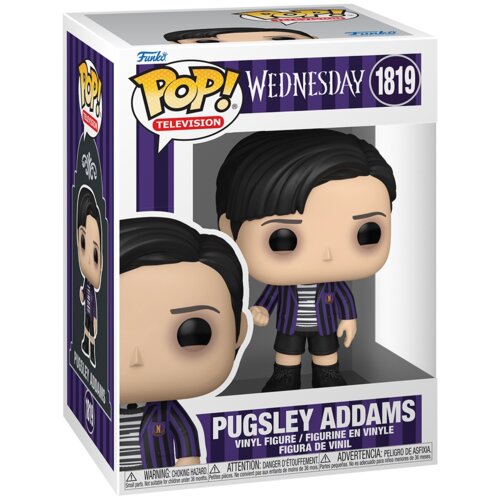 Pudełko z figurką winylową przedstawiającą postać z serii "Wednesday" o numerze 1819, z napisem "PUGSLEY ADDAMS" oraz logo "Funko Pop! Television". Na opakowaniu znajdują się ostrzeżenia w kilku językach dotyczące zagrożenia zadławieniem.