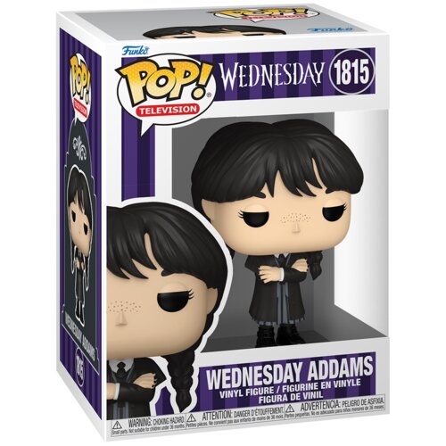 Pudełko z figurką przedstawia postać z czarnymi włosami i splecionymi warkoczami, ubraną w ciemny strój. Na opakowaniu widnieje napis: "POP! TELEVISION WEDNESDAY 1815" oraz "WEDNESDAY ADDAMS VINYL FIGURE / FIGURINE EN VINYLE / FIGURA DE VINIL".