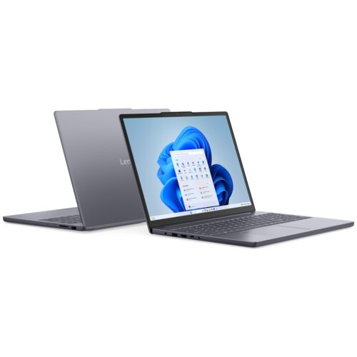 Na zdjęciu widoczne są dwa laptopy w kolorze szarym, z otwartymi ekranami, na których wyświetlany jest interfejs systemu Windows 11. Na obudowie jednego z laptopów znajduje się logo "Lenovo".