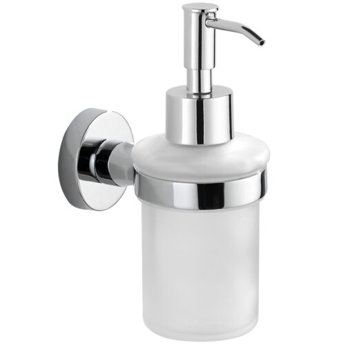 Na zdjęciu znajduje się chromowany dozownik do mydła z matowym, szklanym pojemnikiem i metalowym uchwytem montażowym. Produkt ma elegancki, nowoczesny design z błyszczącymi wykończeniami.