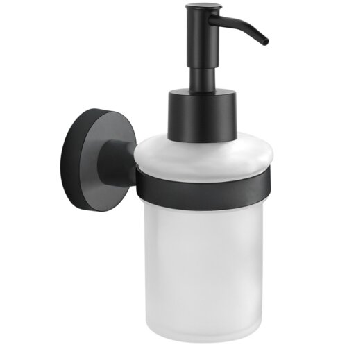 Czarny dozownik do mydła z matowego szkła, zamontowany na okrągłym uchwycie ściennym. Produkt ma prosty, nowoczesny design z pompką w górnej części.