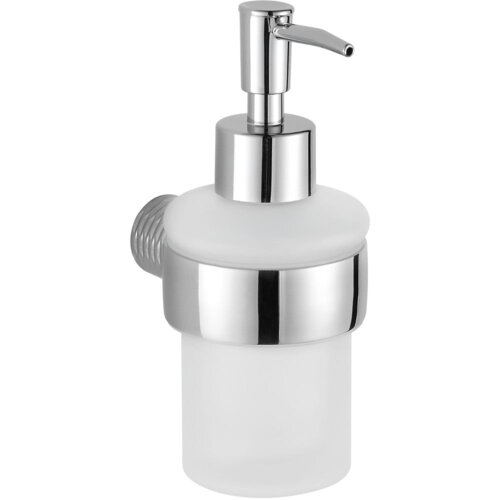 Na zdjęciu znajduje się chromowany dozownik do mydła o nowoczesnym designie, z matowym pojemnikiem i błyszczącymi elementami metalowymi. Produkt ma prosty, elegancki kształt z pompką na górze.