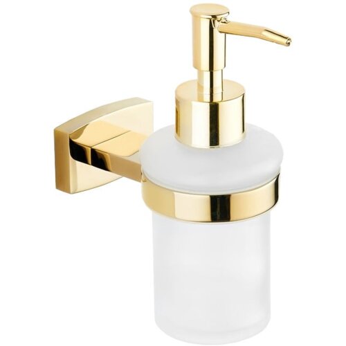 Złoty dozownik do mydła z matowym, szklanym pojemnikiem i błyszczącymi elementami montażowymi. Produkt ma elegancki, nowoczesny design.