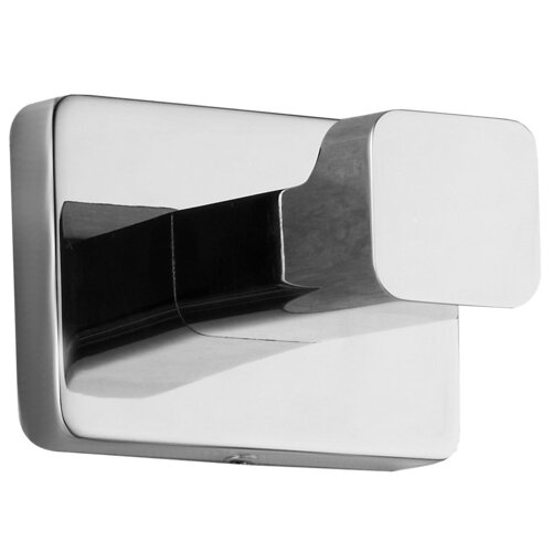 Chromowany haczyk na ręcznik o prostokątnym kształcie z zaokrąglonymi krawędziami, wykonany z metalu o błyszczącej powierzchni. Produkt ma minimalistyczny design i jest przeznaczony do montażu na ścianie.