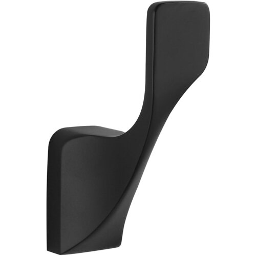Czarny haczyk na ręcznik o nowoczesnym, zakrzywionym kształcie, wykonany z matowego materiału. Produkt ma gładką powierzchnię i minimalistyczny design.