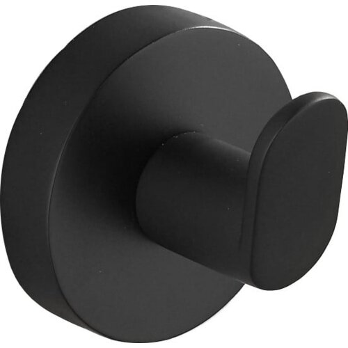 Czarny, okrągły haczyk na ręcznik z matowym wykończeniem, zamontowany na płaskiej, okrągłej podstawie. Produkt ma prosty, nowoczesny design.