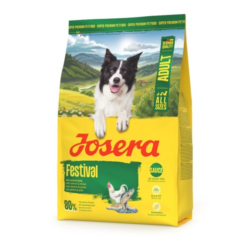 Opakowanie karmy dla psa marki Josera o nazwie "Festival" z wizerunkiem psa na tle krajobrazu, zawiera napisy: "mit Lachs & Huhn", "80% tierisches Protein", "Adult", "All Sizes", "Sauce".