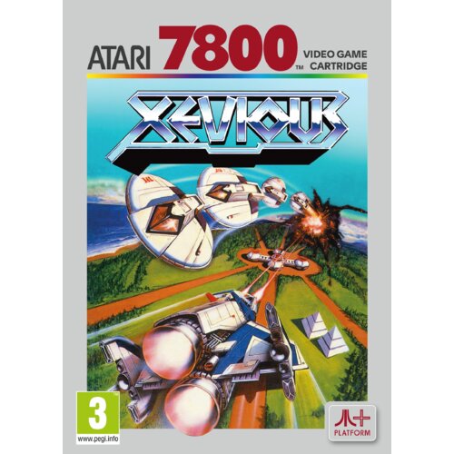 Okładka gry wideo na konsolę Atari 7800 z tytułem "Xevious" przedstawia futurystyczne statki kosmiczne w locie nad krajobrazem z eksplozją w tle. W lewym dolnym rogu znajduje się oznaczenie wiekowe "3", a w prawym dolnym rogu logo Atari z napisem "PLATFORM".