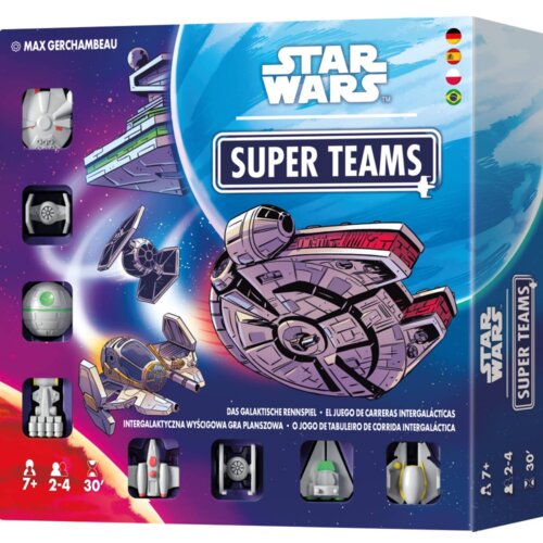 Opakowanie gry planszowej z serii Star Wars, zatytułowanej "Super Teams", przedstawia ilustracje statków kosmicznych na tle kosmosu. Na opakowaniu widnieją napisy: "Das Galaktische Rennspiel", "El Juego de Carreras Intergalácticas", "Intergalaktyczna Wyśc
