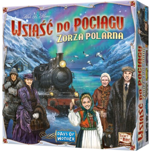 Okładka gry planszowej przedstawia parowóz na tle zimowego krajobrazu z zorzą polarną, otoczony przez postacie w historycznych strojach. Widoczny jest tytuł "Wsiąść do pociągu Zorza polarna" oraz logo "Days of Wonder".