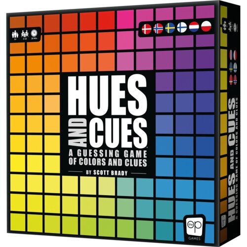 Na zdjęciu znajduje się pudełko gry planszowej z kolorową siatką kwadratów w odcieniach od żółtego do fioletowego. Na środku widnieje napis: "HUES AND CUES A Guessing Game of Colors and Clues by Scott Brady", a w rogu logo "the op GAMES".