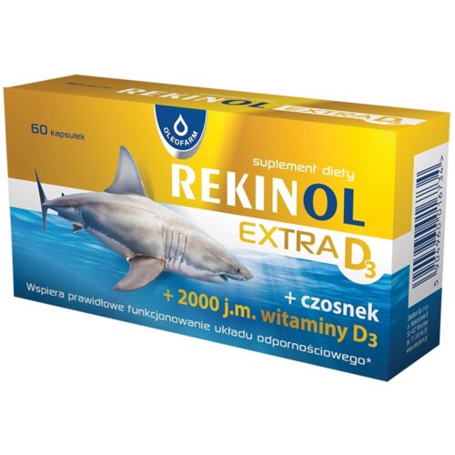 Opakowanie suplementu diety OLEOFARM Rekinol Extra D3 zawiera grafikę rekina na tle wody oraz napisy: "60 kapsułek", "suplement diety", "REKINOL EXTRA D3", "+ czosnek", "+ 2000 j.m. witaminy D3", "Wspiera prawidłowe funkcjonowanie układu odpornościowego". Logo OLEOFARM znajduje się w górnej części opakowania.