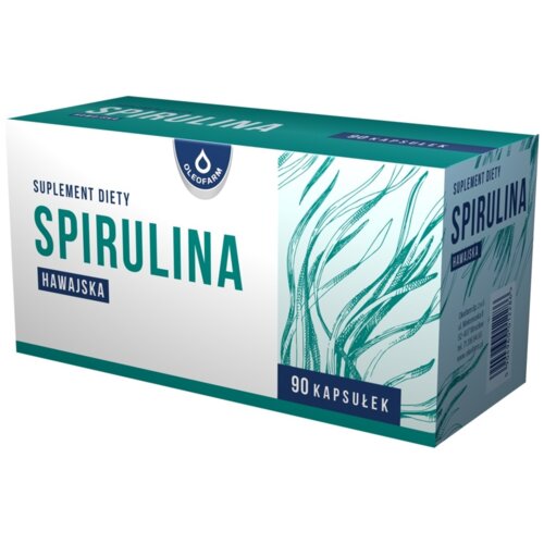 Opakowanie suplementu diety OLEOFARM Spirulina zawiera 90 kapsułek i ma zielono-białą grafikę z motywem roślinnym. Na opakowaniu widnieje napis "Suplement diety Spirulina Hawajska" oraz logo OLEOFARM.