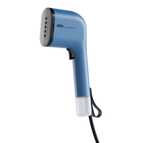 Na zdjęciu znajduje się niebieska parownica do ubrań z czarnymi i srebrnymi elementami, z widocznym logo "BRAUN" oraz napisem "QuickStyle 3 Pro". Urządzenie ma ergonomiczny kształt z przyciskiem na uchwycie i czarnym przewodem zasilającym.