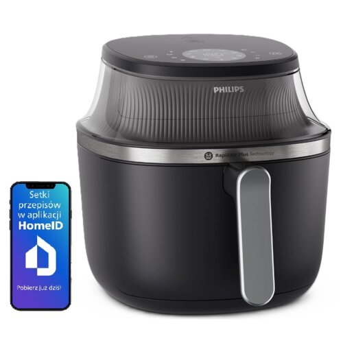 Czarna frytkownica beztłuszczowa z okienkiem podglądu, z widocznym logo "PHILIPS" oraz napisem "RapidAir Plus Technology" na srebrnym pasku. Obok urządzenia znajduje się grafika smartfona z tekstem: "Setki przepisów w aplikacji HomeID Pobierz już dziś!".
