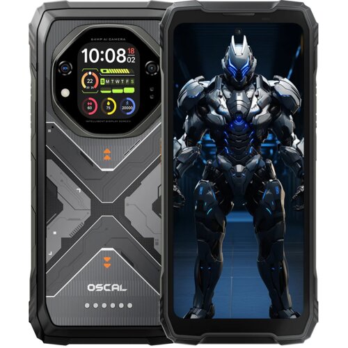 Smartfon OSCAL Tank 1 5G 12/256GB 6.78" 120Hz Czarny z widocznym ekranem i tylnym panelem; na ekranie wyświetlony jest obraz futurystycznego robota, a na tylnym panelu widnieje logo "OSCAL" oraz okrągły moduł aparatu z wyświetlaczem pokazującym godzinę 10:08 i datę 18.02.