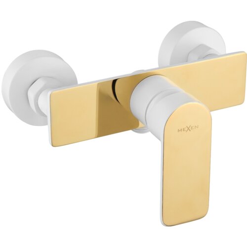 Bateria prysznicowa w kolorze białym i złotym, z prostokątną, złotą płytką i dźwignią, na której widnieje napis "MEXEN". Produkt ma nowoczesny design z gładkimi, zaokrąglonymi krawędziami.