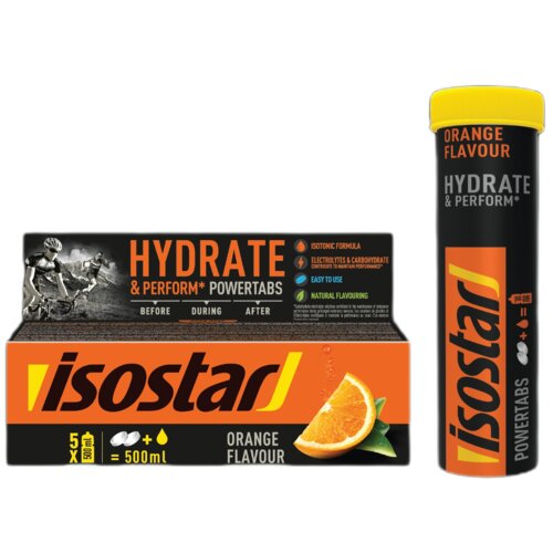 Opakowanie produktu "Izotonik ISOSTAR Hydrate & Perform Power Pomarańczowy (10 tabletek)" z widocznym napisem "HYDRATE & PERFORM POWERTABS" oraz grafiką pomarańczy. Na opakowaniu znajdują się informacje o izotonicznej formule, elektrolitach i węglowodanach, a także o naturalnym aromacie.