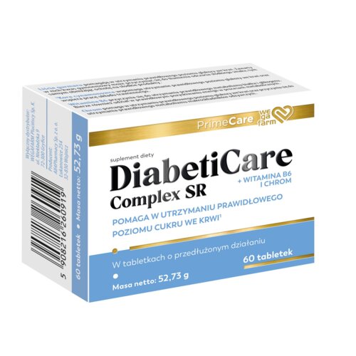 Opakowanie suplementu diety WEGAFARM DiabetiCare Complex SR zawiera 60 tabletek i ma masę netto 52,73 g. Na opakowaniu widnieje napis: "Pomaga w utrzymaniu prawidłowego poziomu cukru we krwi" oraz informacje o zawartości witaminy B6 i chromu.