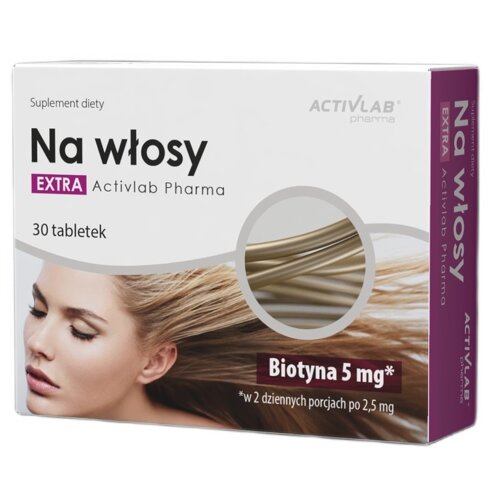 Opakowanie suplementu diety "Na włosy EXTRA Activlab Pharma" zawiera 30 tabletek i jest ozdobione grafiką przedstawiającą włosy oraz powiększenie ich struktury. Na opakowaniu widnieje napis "Biotyna 5 mg* *w 2 dziennych porcjach po 2,5 mg".