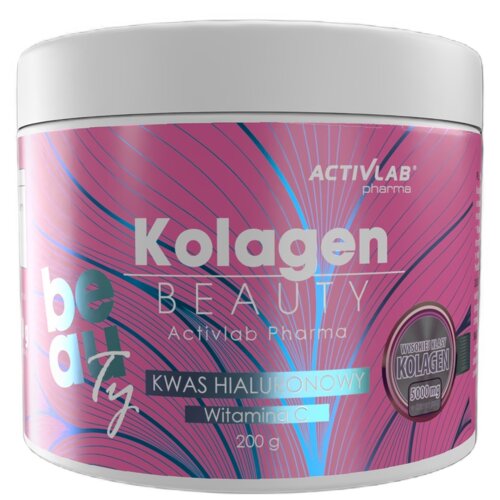 Różowe opakowanie produktu z napisem "Kolagen BEAUTY Activlab Pharma" oraz dodatkowymi informacjami: "KWAS HIALURONOWY", "Witamina C", "200 g". Widoczne jest także logo "ACTIVLAB pharma" oraz oznaczenie "WYSOKIEJ KLASY KOLAGEN 5000 mg".