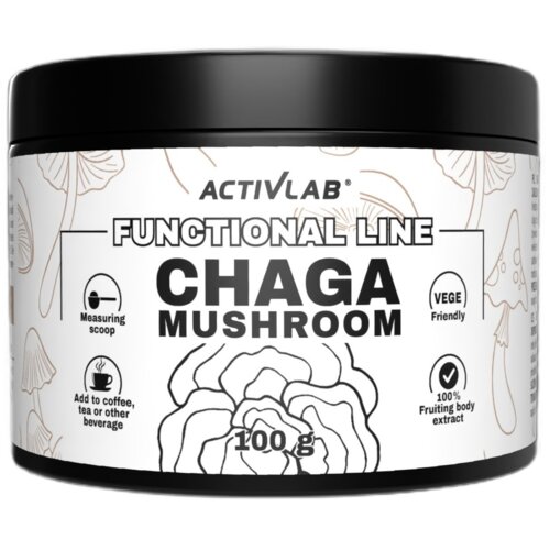 Opakowanie suplementu diety ACTIVLAB Chaga Mushroom o pojemności 100 g, z napisem "FUNCTIONAL LINE" oraz grafiką grzyba w tle. Na etykiecie znajdują się informacje: "Measuring scoop", "Add to coffee, tea or other beverage", "VEGE Friendly", "100% Fruiting body extract".