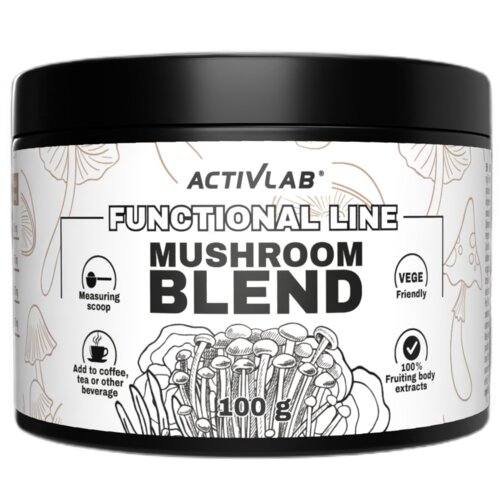 Opakowanie suplementu diety ACTIVLAB Blend Mushroom o pojemności 100 g, z widocznymi napisami: "FUNCTIONAL LINE", "MUSHROOM BLEND", "Measuring scoop", "Add to coffee, tea or other beverage", "VEGE Friendly", "100% Fruiting body extracts". Tło zdobią ilustracje grzybów.