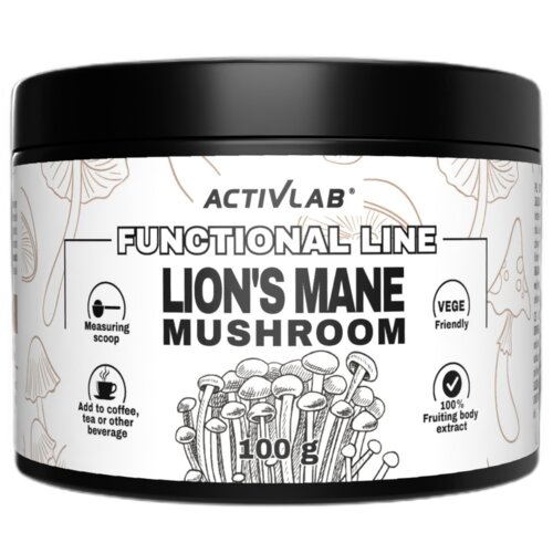 Pojemnik z czarną pokrywką zawiera suplement diety ACTIVLAB Lion's Mane Mushroom o wadze 100 g. Na etykiecie widnieją napisy: "FUNCTIONAL LINE", "Measuring scoop", "Add to coffee, tea or other beverage", "VEGE Friendly", "100% Fruiting body extract", a tło zdobią ilustracje grzybów.