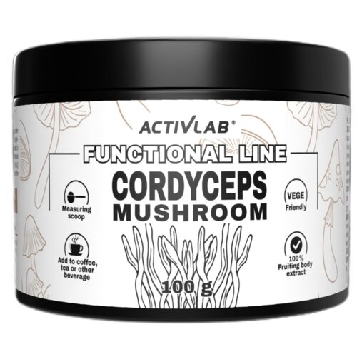 Cylindryczne opakowanie z czarną pokrywką, na którym widnieje napis "ACTIVLAB FUNCTIONAL LINE CORDYCEPS MUSHROOM 100 g". Na etykiecie znajdują się ikony z napisami: "Measuring scoop", "Add to coffee, tea or other beverage", "VEGE Friendly" oraz "100% Fruiting body extract", a tło zdobią rysunki grzybów.