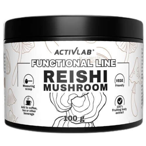 Cylindryczne opakowanie z czarną pokrywką, na którym widnieje napis "ACTIVLAB FUNCTIONAL LINE REISHI MUSHROOM 100 g". Dodatkowe informacje to "Measuring scoop", "Add to coffee, tea or other beverage", "VEGE Friendly" oraz "100% Fruiting body extract", a tło zdobią delikatne rysunki grzybów.