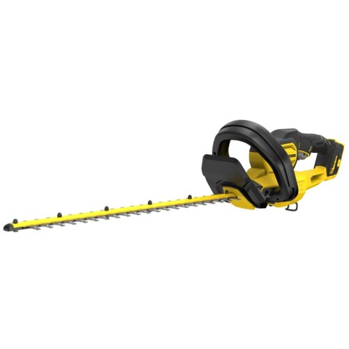 Na zdjęciu widoczne są nożyce do żywopłotów w kolorze żółto-czarnym, z długim ostrzem i ergonomicznym uchwytem. Produkt ma nowoczesny design i jest przeznaczony do przycinania żywopłotów.