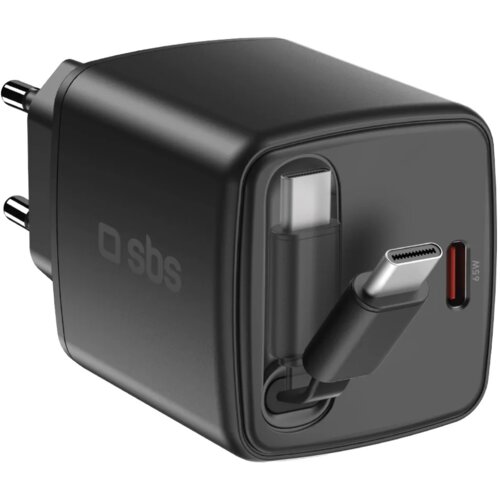 Czarna ładowarka sieciowa z logo "sbs" na boku, wyposażona w port USB-C oraz oznaczenie "65W" obok portu. Wtyczka jest widoczna z boku urządzenia.