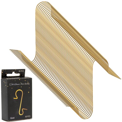 Złote haczyki do bombek ułożone są w uporządkowany sposób, a obok nich znajduje się czarne opakowanie z napisem "Christmas tree hooks" oraz "Gold 50 PCS". Na opakowaniu widoczne są złote gwiazdki i ilustracja haczyka.