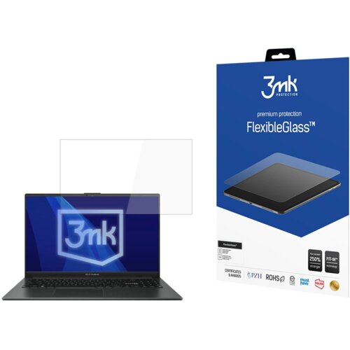 Na zdjęciu widoczny jest laptop z logo "3mk" na ekranie oraz opakowanie produktu "3mk Protection premium protection FlexibleGlass™". Opakowanie zawiera informacje o technologii FIT-IN™, certyfikatach PZH i ROHS oraz wzmiankę o 250% większej wytrzymałości.