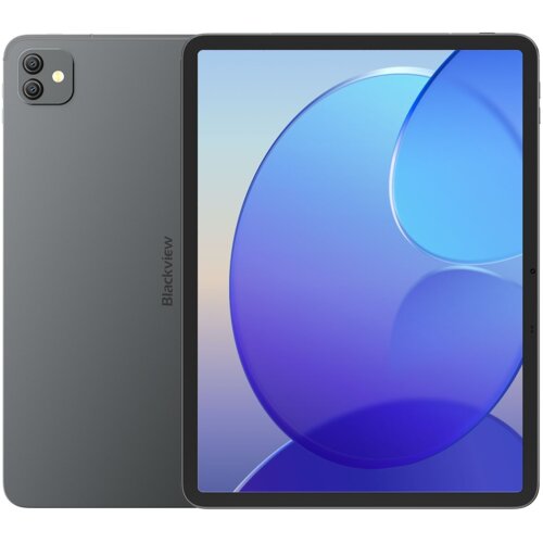 Tablet w kolorze szarym z widocznym logo "Blackview" na tylnej obudowie oraz ekranem wyświetlającym abstrakcyjny niebiesko-fioletowy wzór. Na tylnej obudowie znajdują się dwa obiektywy aparatu i lampa błyskowa.