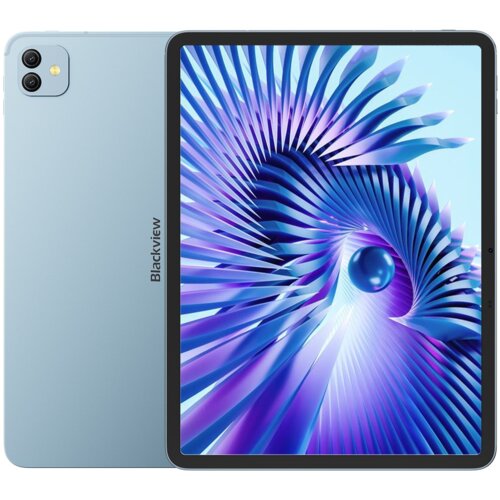 Na zdjęciu widoczny jest tablet w kolorze niebieskim z wyświetlaczem prezentującym abstrakcyjny wzór w odcieniach fioletu i niebieskiego. Na obudowie tabletu znajduje się napis "Blackview".