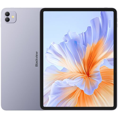 Tablet w kolorze fioletowym z widocznym logo "Blackview" na tylnej obudowie, obok ekranu wyświetlającego abstrakcyjny wzór w odcieniach pomarańczowego i niebieskiego. Na tylnej obudowie znajdują się dwa obiektywy aparatu i lampa błyskowa.