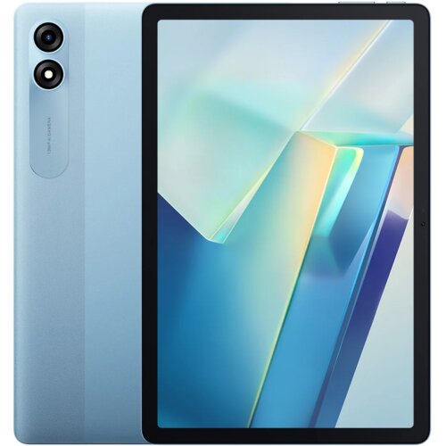 Tablet w kolorze niebieskim z widocznym ekranem wyświetlającym abstrakcyjną grafikę w odcieniach niebieskiego i zielonego. Na tylnej obudowie znajdują się dwa obiektywy aparatu oraz napis "13MP & 8MP AF".