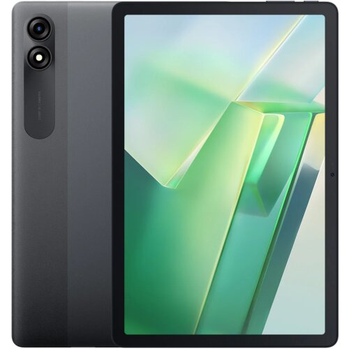 Na zdjęciu widoczny jest tablet w kolorze szarym z dużym ekranem, na którym wyświetlany jest abstrakcyjny, zielono-niebieski wzór. Obok ekranu znajduje się tylna część urządzenia z dwoma obiektywami aparatu i napisem "BLACKVIEW Tab 9".