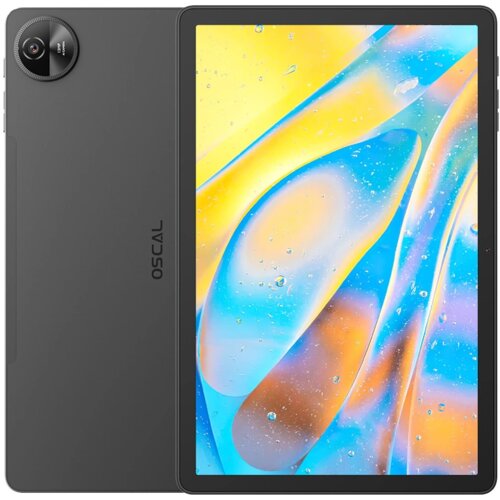Szary tablet z dużym ekranem wyświetlającym kolorową grafikę w odcieniach żółci, niebieskiego i pomarańczowego. Na obudowie widoczne jest logo "OSCAL" oraz aparat z napisem "13MP AF".