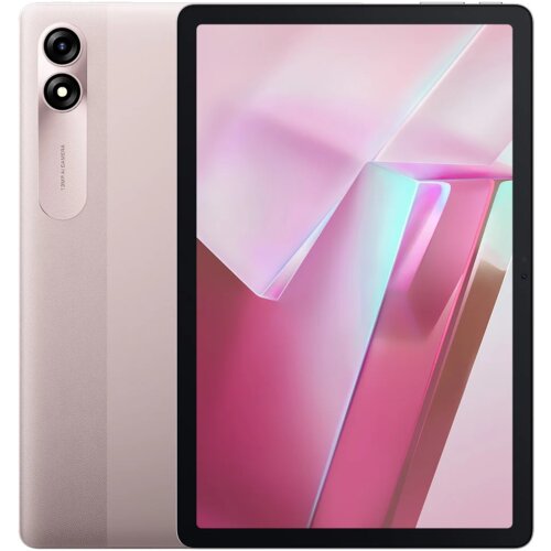 Na zdjęciu widoczny jest różowy tablet z dużym ekranem, na którym wyświetlany jest abstrakcyjny, różowo-niebieski wzór. Po lewej stronie tabletu znajdują się dwa obiektywy aparatu oraz napis "13MP Camera".