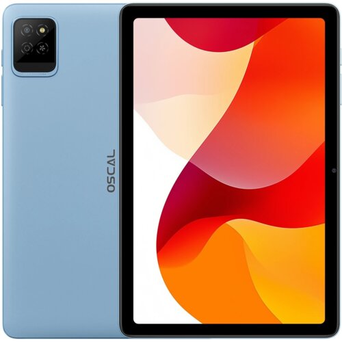 Niebieski tablet z widocznym logo "OSCAL" na obudowie, z przodu ekran wyświetlający abstrakcyjną grafikę w odcieniach czerwieni i pomarańczu. W lewym górnym rogu tylnej części urządzenia znajduje się prostokątny moduł aparatu z trzema obiektywami i lampą błyskową.