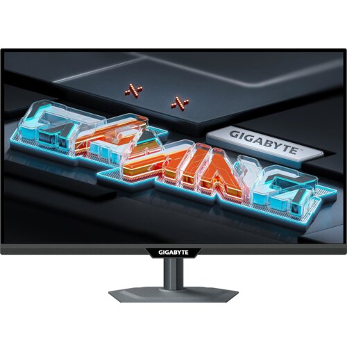 Monitor z wyświetlonym kolorowym napisem w stylu neonowym, z widocznym logo "GIGABYTE" na obudowie. Tło jest ciemne, a na nim znajdują się elementy przypominające układ elektroniczny.