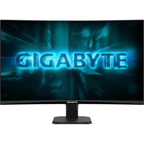 Monitor z zakrzywionym ekranem wyświetla dynamiczną grafikę z napisem "GIGABYTE" w centrum. Na dolnej ramce monitora widoczne jest logo "GIGABYTE".