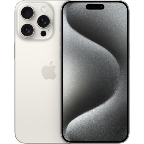 Na zdjęciu widoczny jest biały smartfon z trzema obiektywami aparatu i logo w kształcie nadgryzionego jabłka. Ekran urządzenia wyświetla abstrakcyjny wzór w odcieniach szarości.