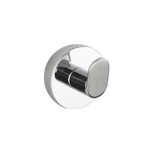 Chromowany haczyk na ręcznik o okrągłej podstawie i zaokrąglonym uchwycie, wykonany z metalu o błyszczącej powierzchni. Produkt ma prosty, nowoczesny design.