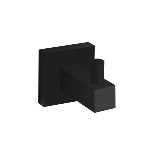 Czarny haczyk na ręcznik o prostokątnym kształcie z wystającym cylindrycznym elementem, umieszczony na białym tle. Produkt ma nowoczesny, minimalistyczny design.